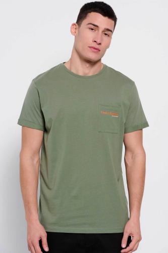 Funky Buddha ανδρικό βαμβακερό T-shirt μονόχρωμο με τσέπη slip και contrast logo print - FBM007-011-04 Χακί